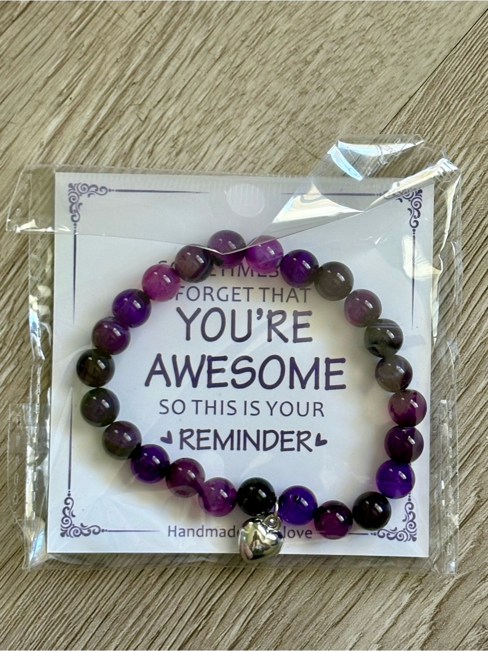 You're Awesome Purple Beaded Stretch Bracelet with Heart Charm 💜
